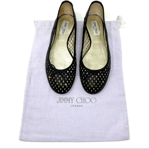 Jimmy Choo Shoes - JIMMY CHOO WALSH LEATHER PERFORATED BLACK BALLET BALLERINA ROUND TOE BOW  FLATS